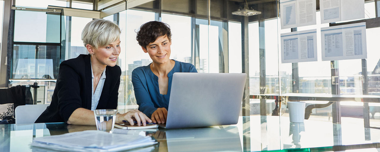 Zwei Frauen sitzen im Büro an einem Schreibtisch und schauen auf ein Notebook